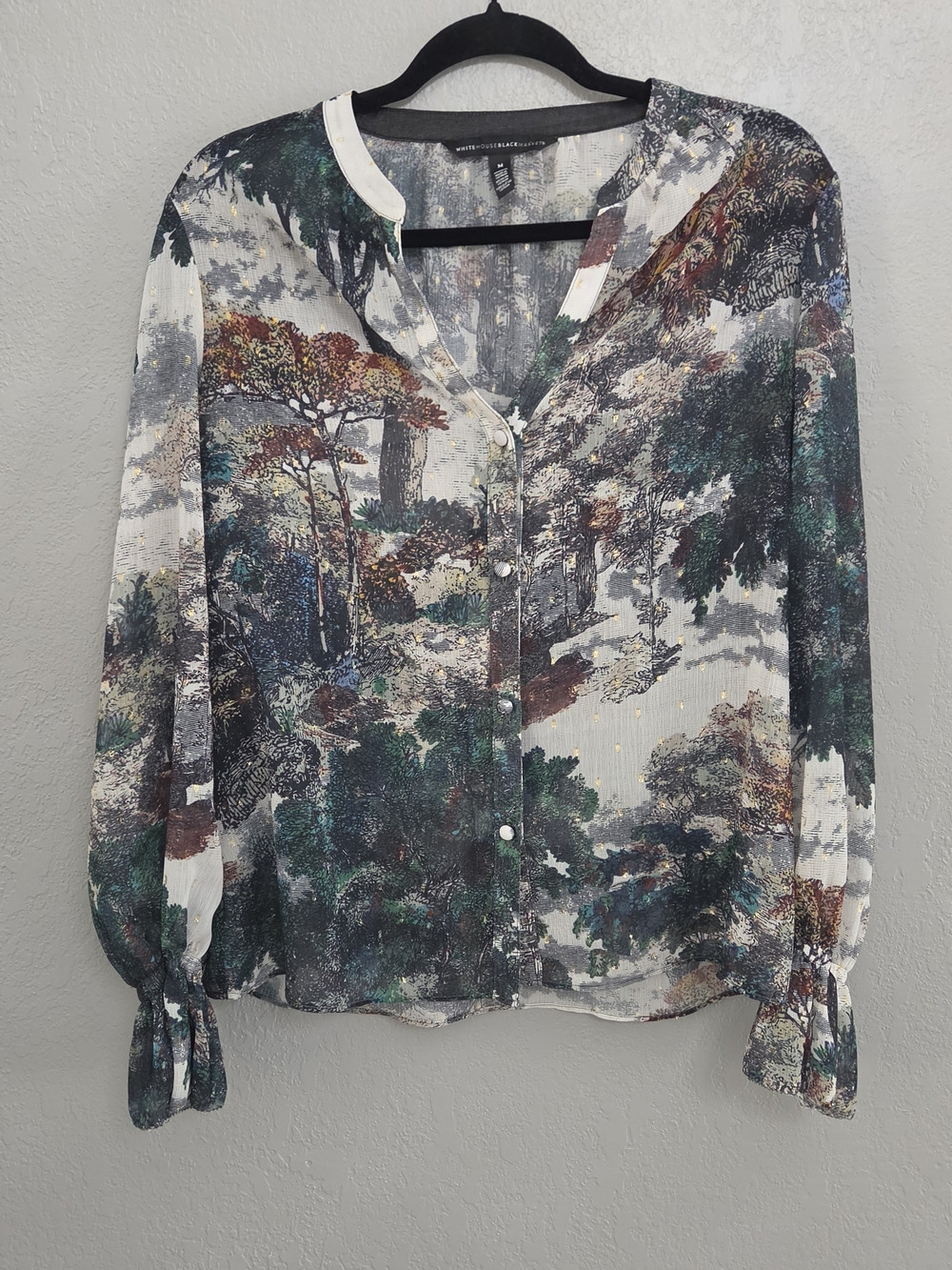 White House Black Market Dreamscape Forest Chiffon Blouse Metallic Accents M